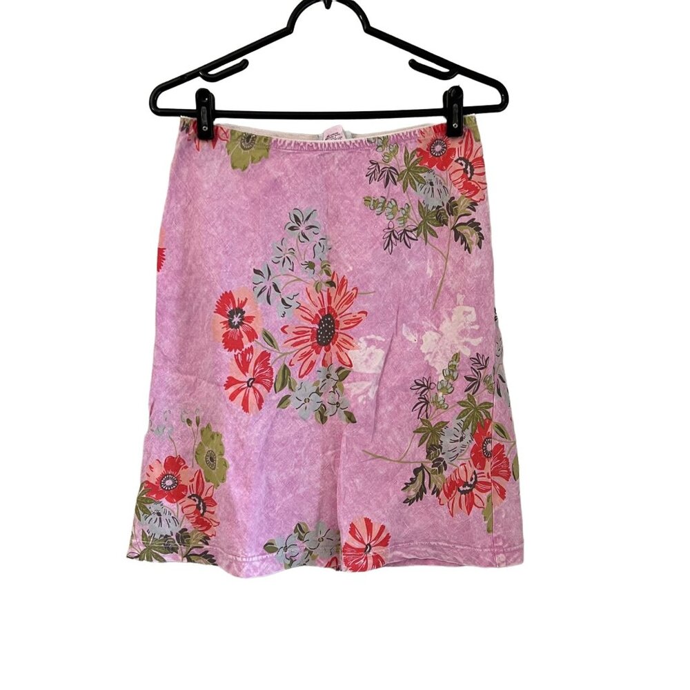 San Francisco City Lights Pink Floral Linen Skirt Side Buttons Size Medium